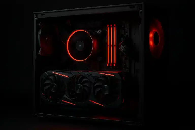 Gaming PC met rode RGB verlichting en RTX videokaart — GamePCDirect