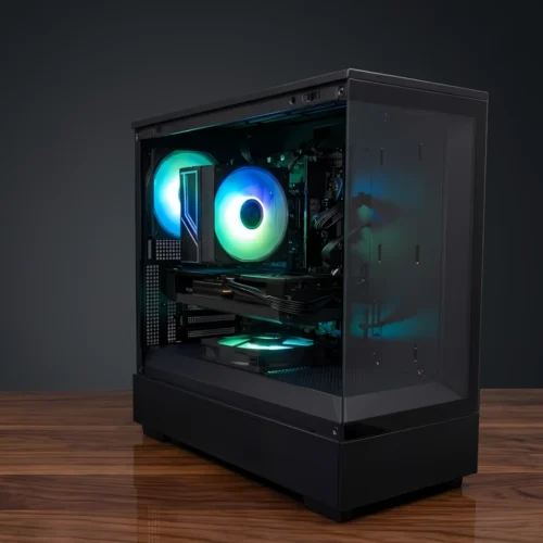 game pc met amd radeon rx 9060 xt 8gb grafische kaart in fishtank behuizing met argb