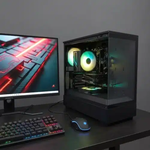 P10 budget serie gaming PC opstelling met monitor en keyboard